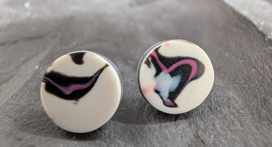 small abstract stud earrings, pink black and white, handmade