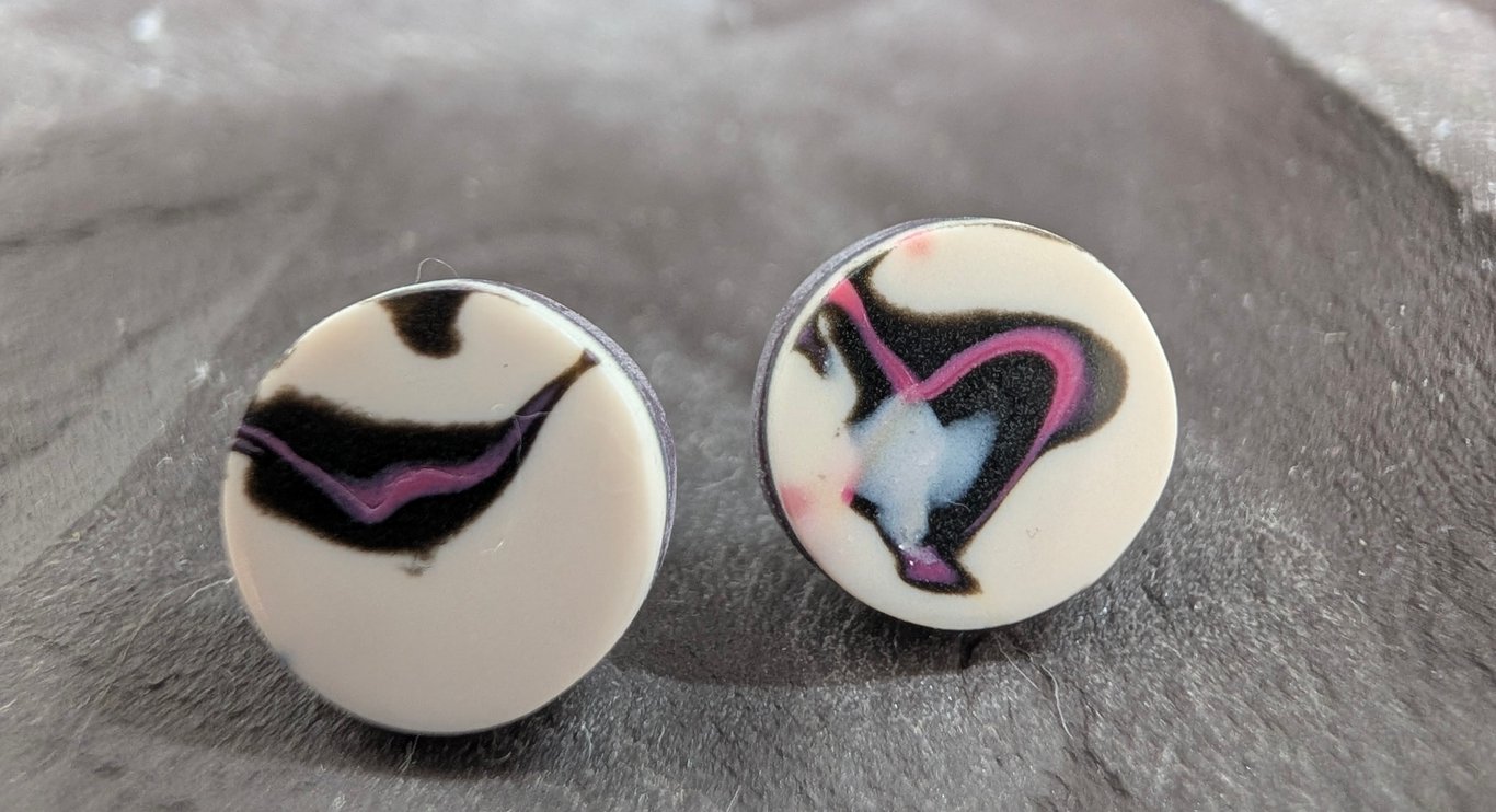 small abstract stud earrings, pink black and white, handmade