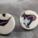 small abstract stud earrings, pink black and white, handmade