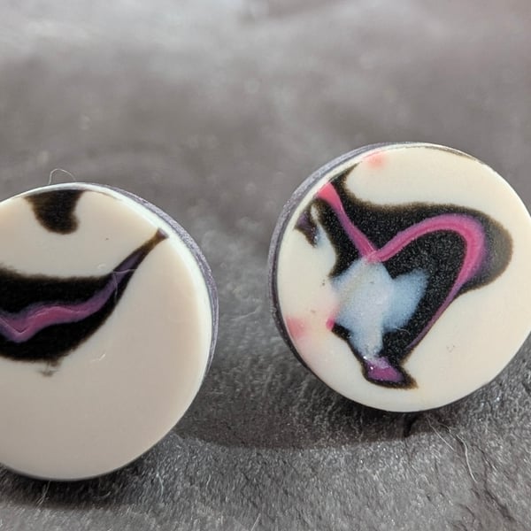 small abstract stud earrings, pink black and white, handmade