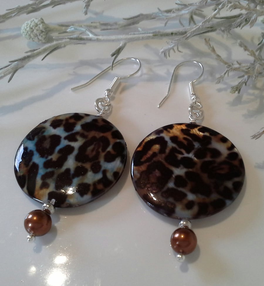 Mother of Pearl Lepoerd Print & Shell Pearl  Earrings  (HELP A CHARITY)