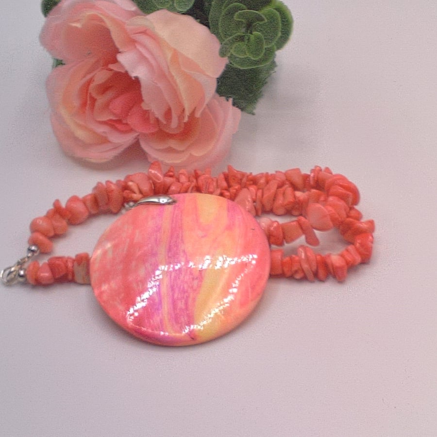 Pink Shell Pendant on a Pink Crushed Shell Chip Bead Necklace, Gift for Her