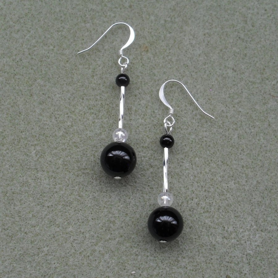 Black Agate Drop Dangle Earrings Silver Plate - Folksy