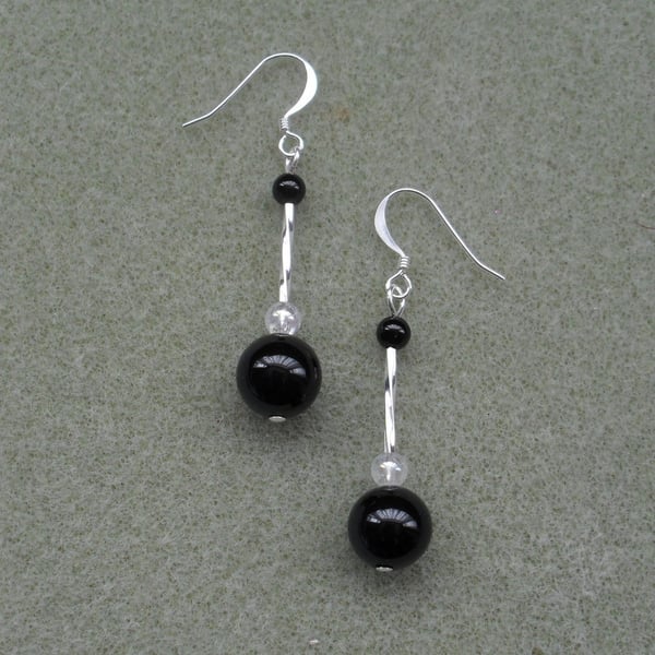 Black Agate Drop Dangle Earrings Silver Plate