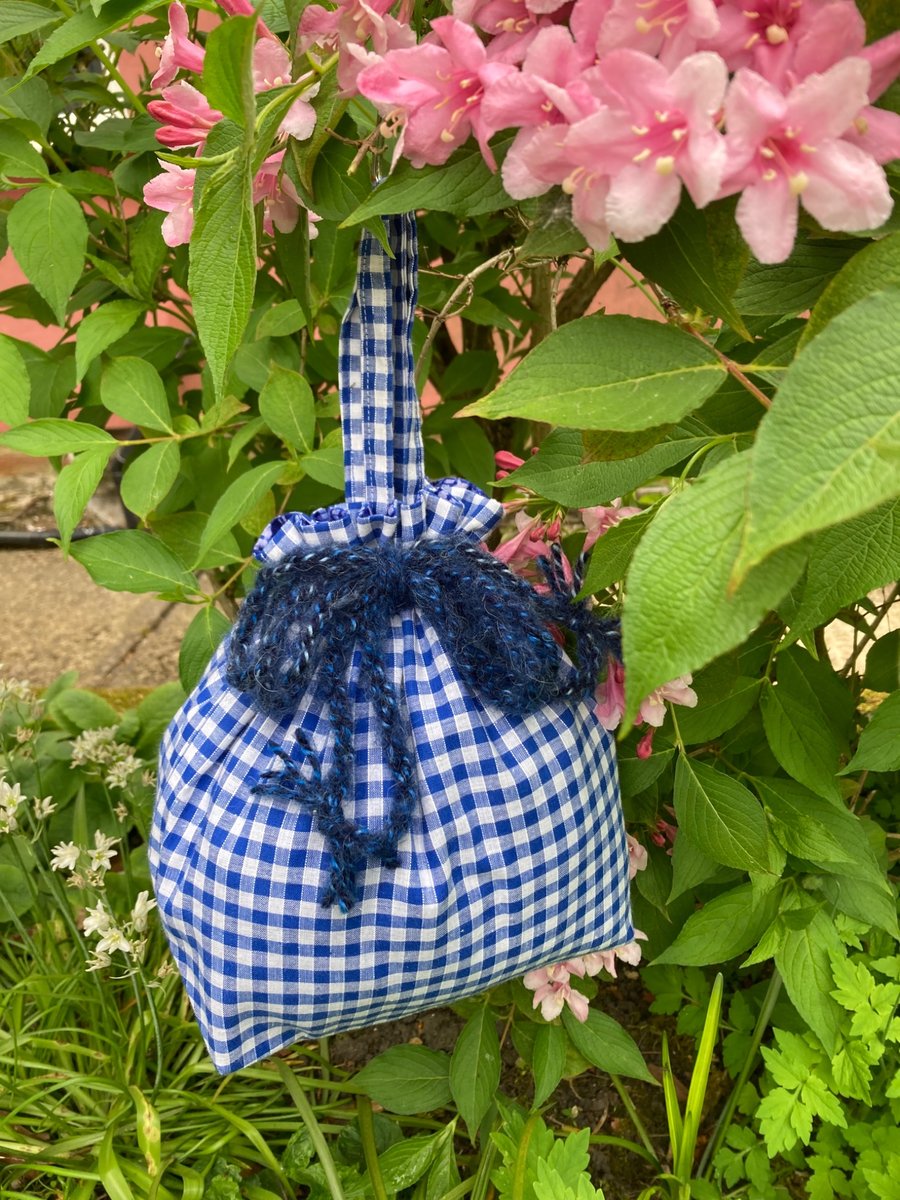 Blue and White Gingham Drawstring Bag