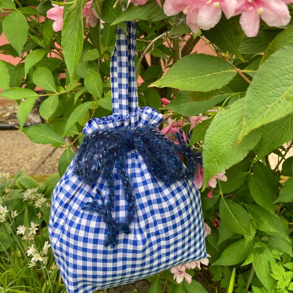 Blue and White Gingham Drawstring Bag