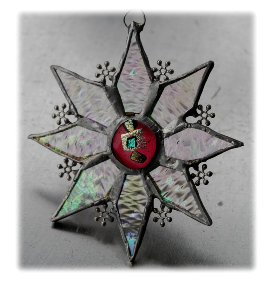 Sparkly Star Suncatcher Stained Glass Snowflake Cranberry Handmade 9.5cm 080