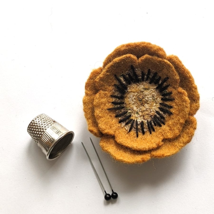 Felted flower brooch - saffron yellow anemone