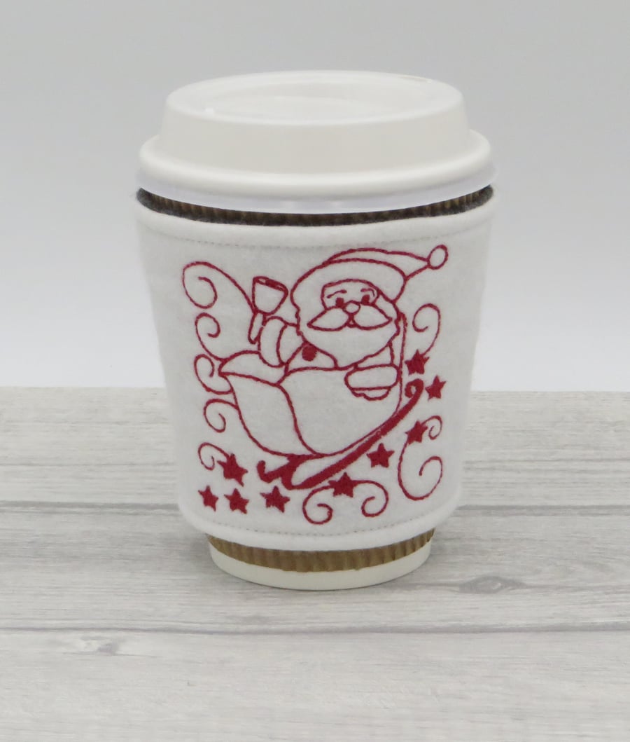 Cup Cosy Sleeve with Machine Embroidered Christmas Design, Stocking Filler