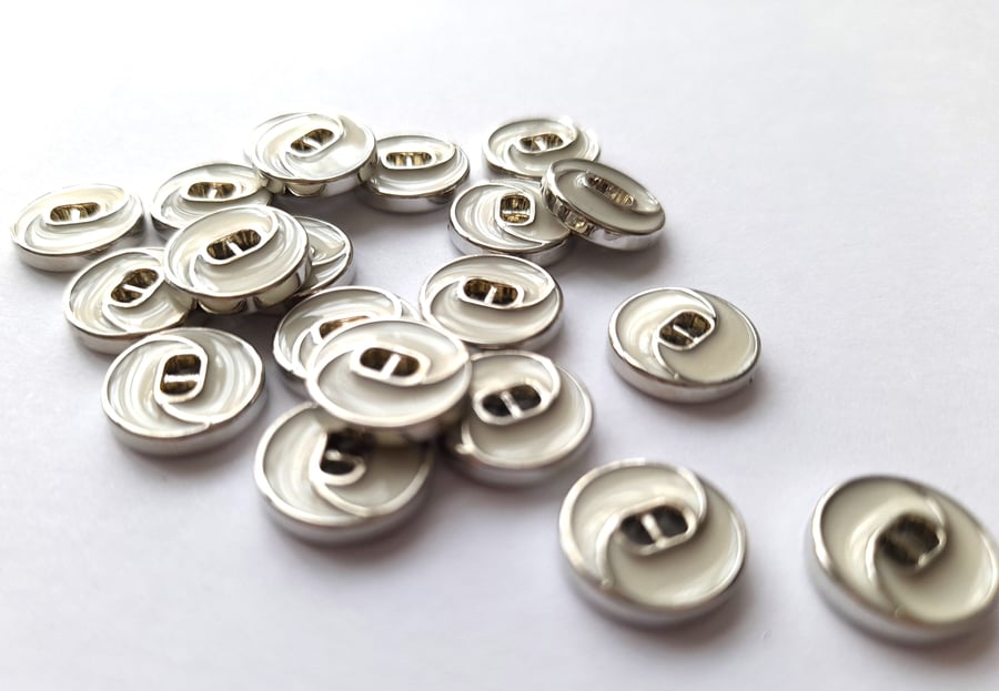 11mm, 2-hole silver and off-white enamel effect buttons, pack of 20