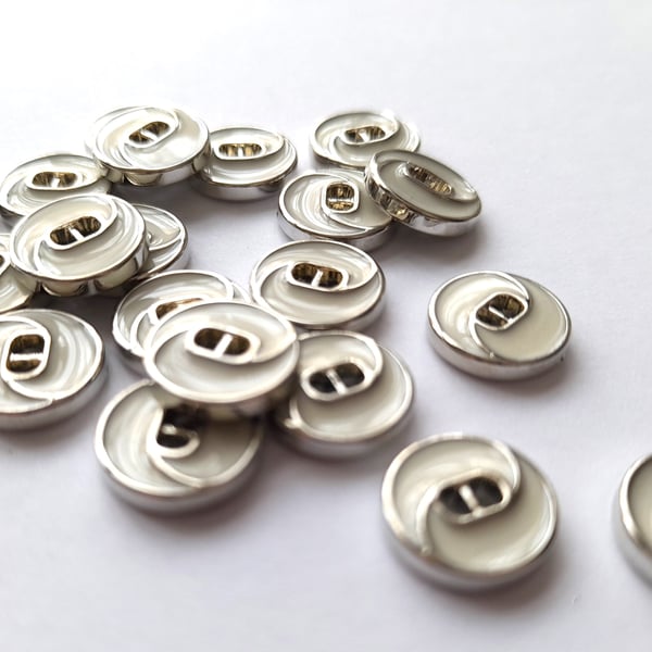 11mm, 2-hole silver and off-white enamel effect buttons, pack of 20