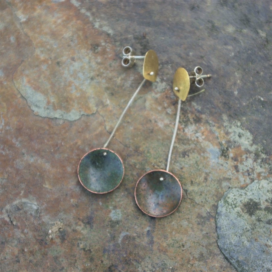 Verdigris  Copper  and Brass Long Dangle Earrings