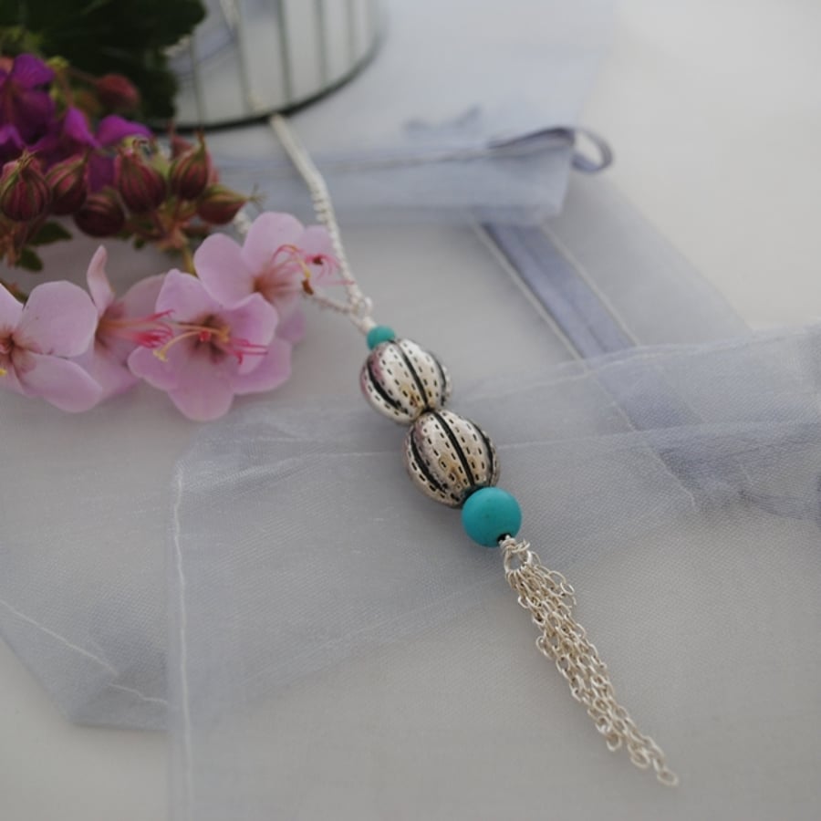 Sale-silver bead long layering necklace with tassel and turquoise beads