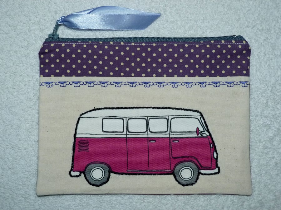 Pink VW Camper Applique Purse with Purple Polka Dot Trim. Fully Lined (R)
