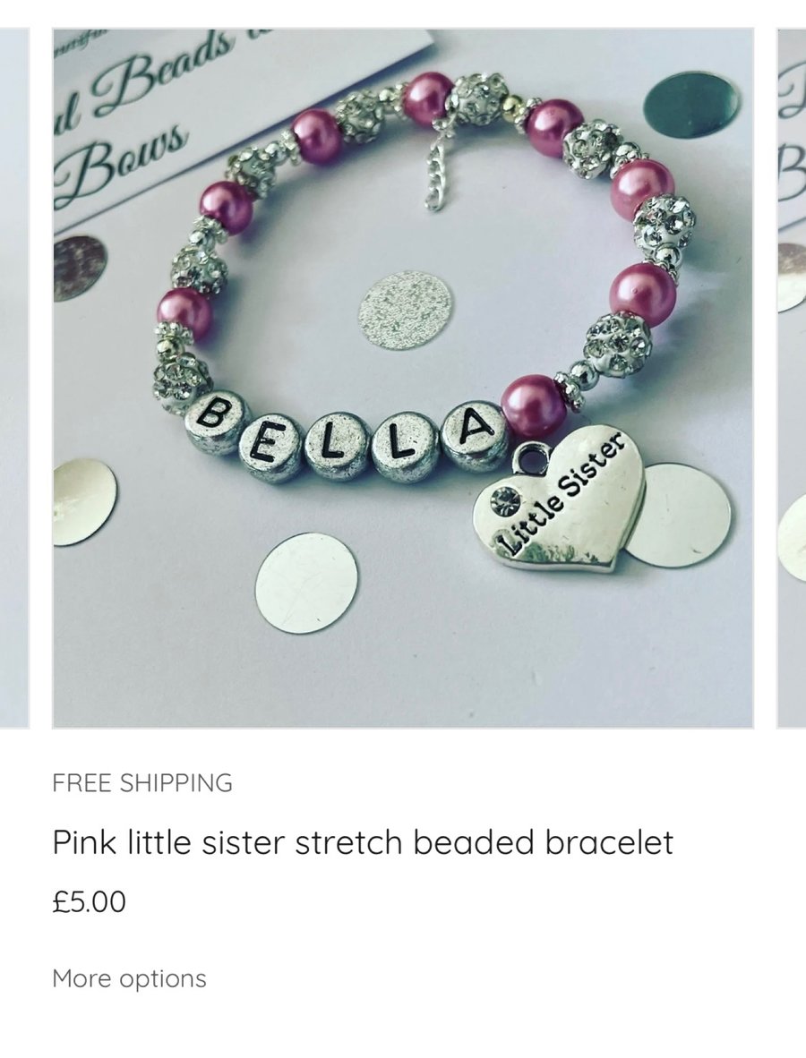 Pink little sister charm bracelet stretch shamballa bracelet gift personalised 