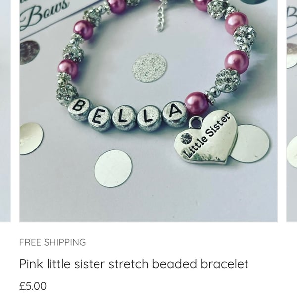 Pink little sister charm bracelet stretch shamballa bracelet gift personalised 