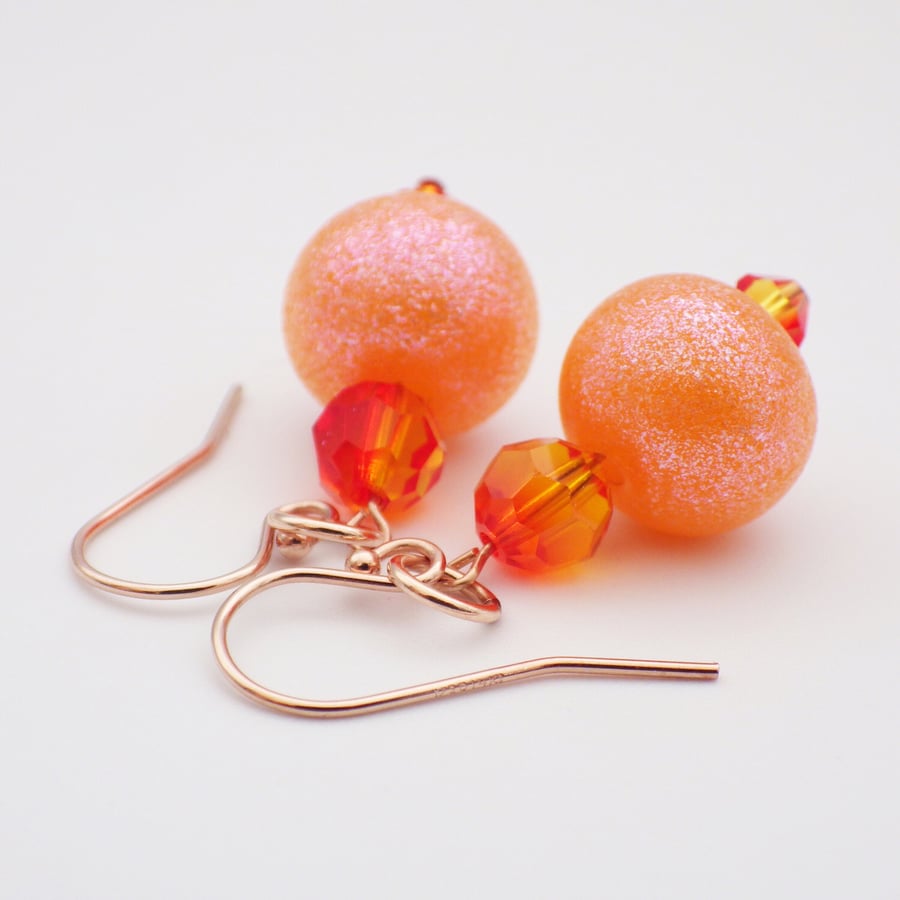 Shimmering orange UK lampwork glass bead earrings with Swarovski crystals 