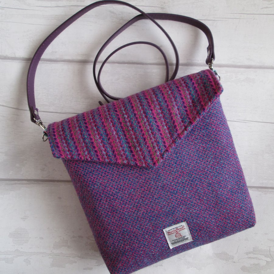 'Harris Tweed®' Crossbody Bag, in blues, pinks and purples with striped flap