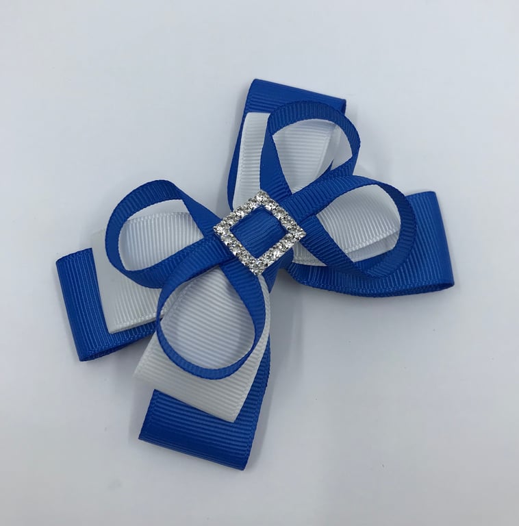 Royal Blue and White Double Layer Bow with Royal Blue Loops on Clip