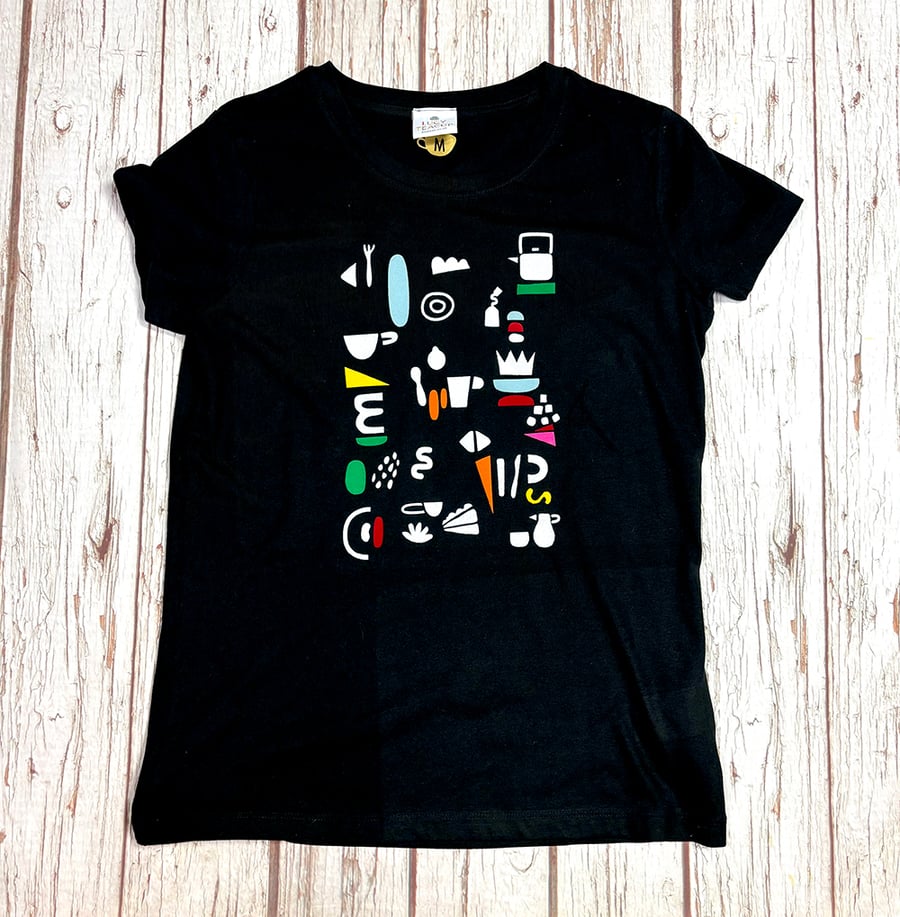 'Tea at Eleven' T-Shirt. Ladies's black Organic cotton tee! 1980's cafe theme