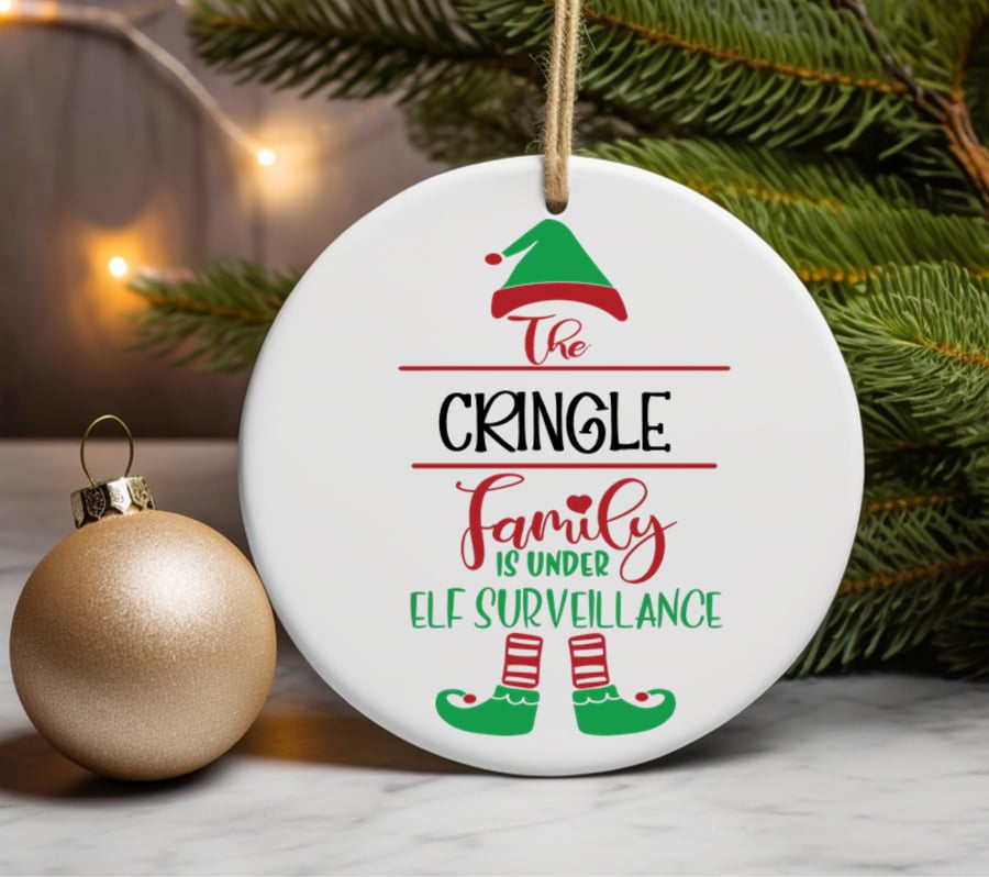 Personalized family Ceramic Christmas Ornament Elf Surveillance