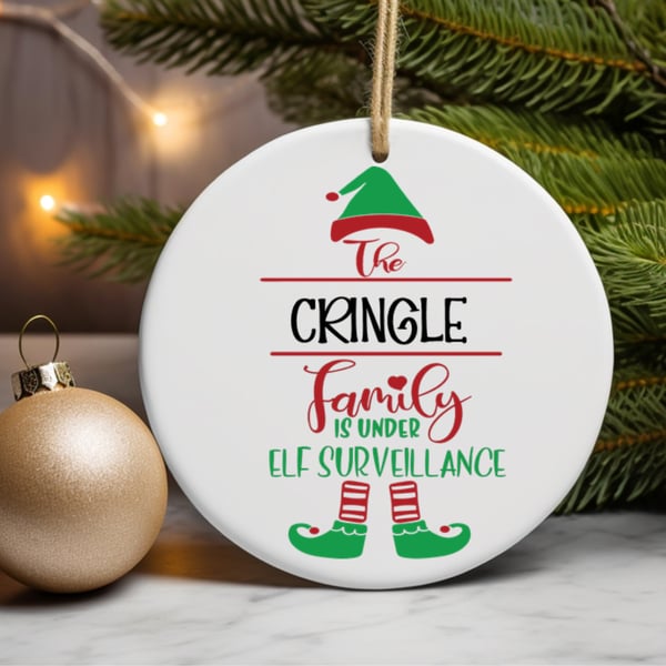 Personalized family Ceramic Christmas Ornament Elf Surveillance