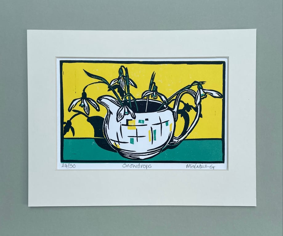 Snowdrops- Handprinted Original Linocut- Limited Edition