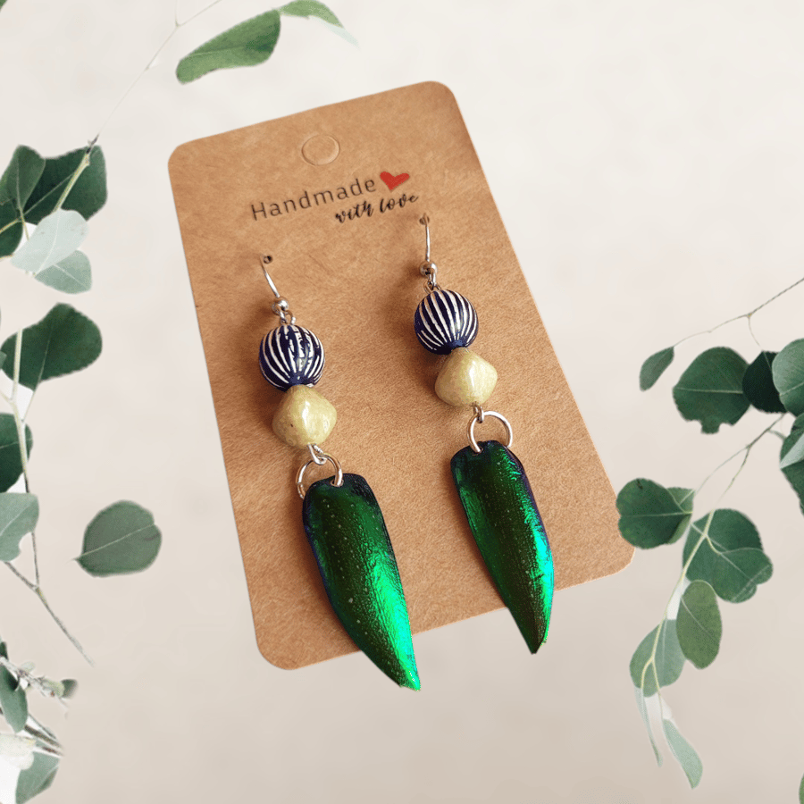 Upcycled Blue Beetle Drop Earrings 