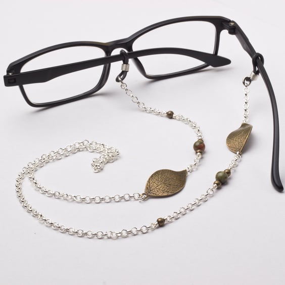 Leaf glasses chain - bronze and unakite gemstone sunglasses lanyard