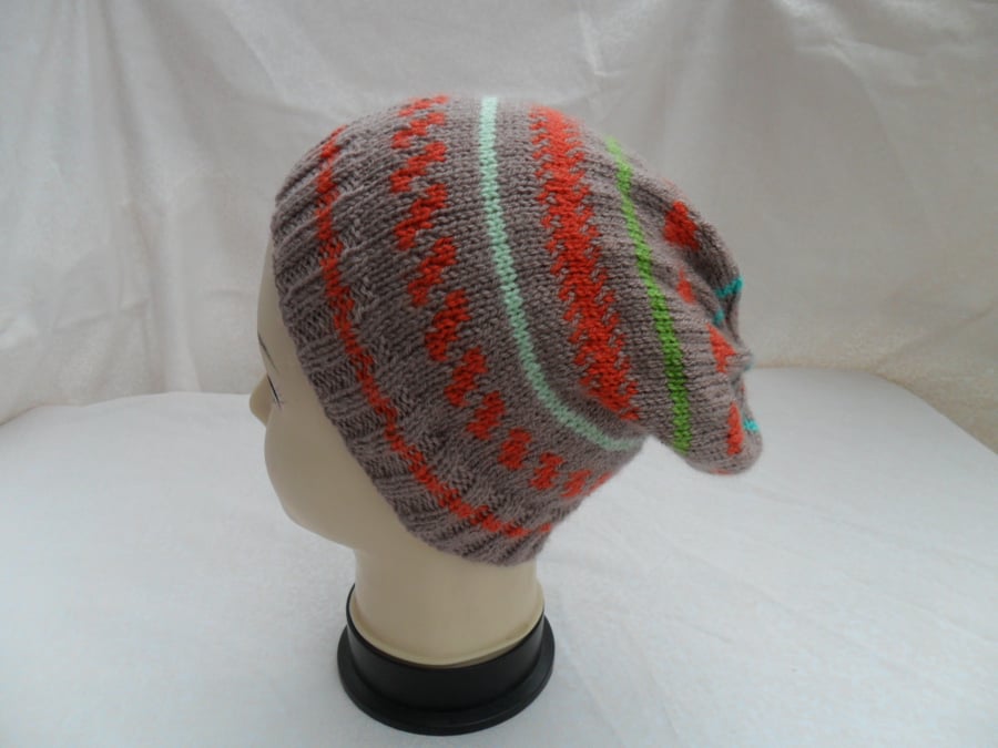 Hat Slouch Beanie Hat hand knitted Fair Isle Style