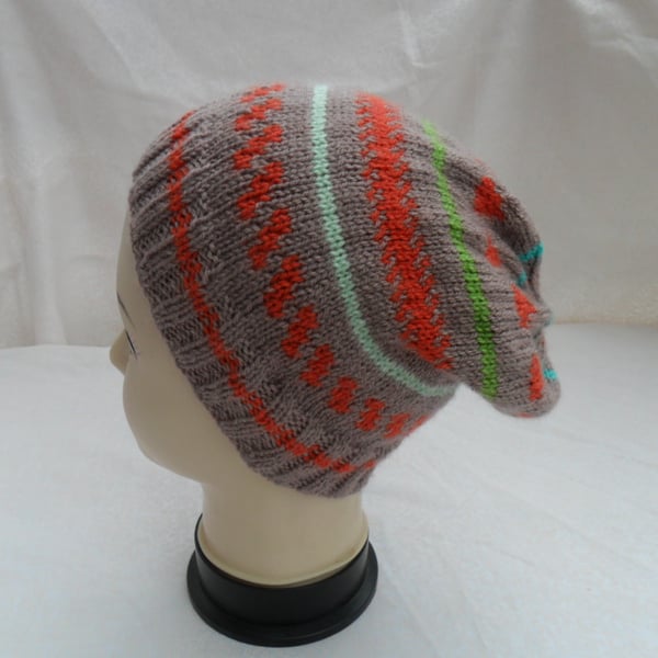 Hat Slouch Beanie Hat hand knitted Fair Isle Style