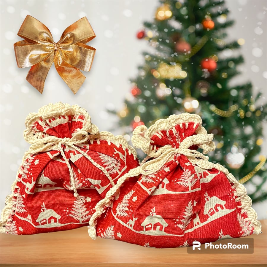 Reusable Christmas Gift Bag, Set of 2 Gift Bags, Retro Gift Bags, Eco Gift Bag