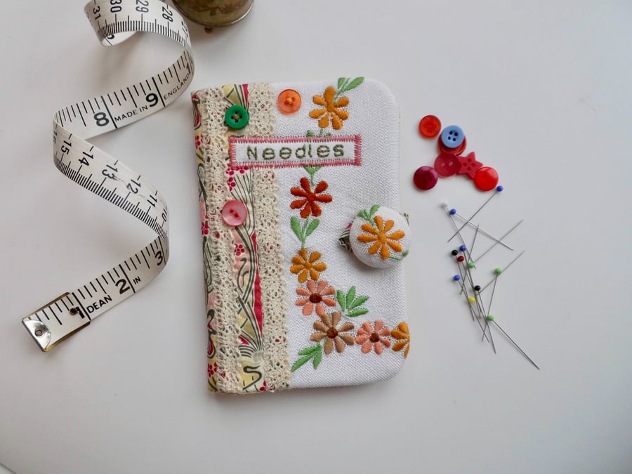 Sewing needle case with Liberty lawn Ianthe and reclaimed embroidery 
