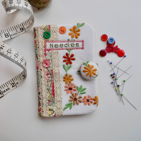 Sewing needle case with Liberty lawn Ianthe and reclaimed embroidery 