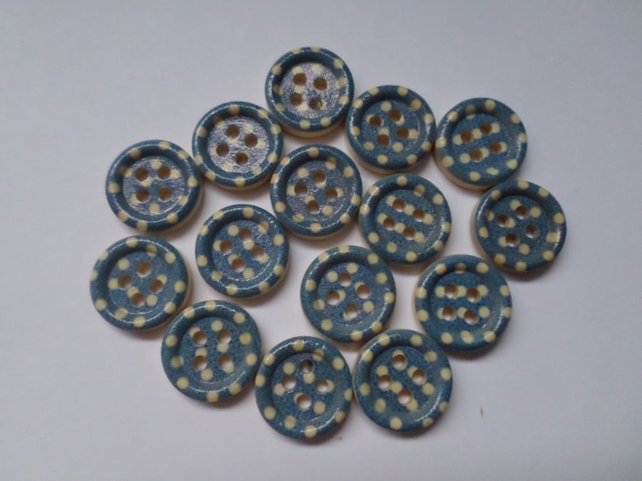 15 x 4-Hole Printed Wooden Buttons - Round - 15mm - Polka Dot - Royal Blue 