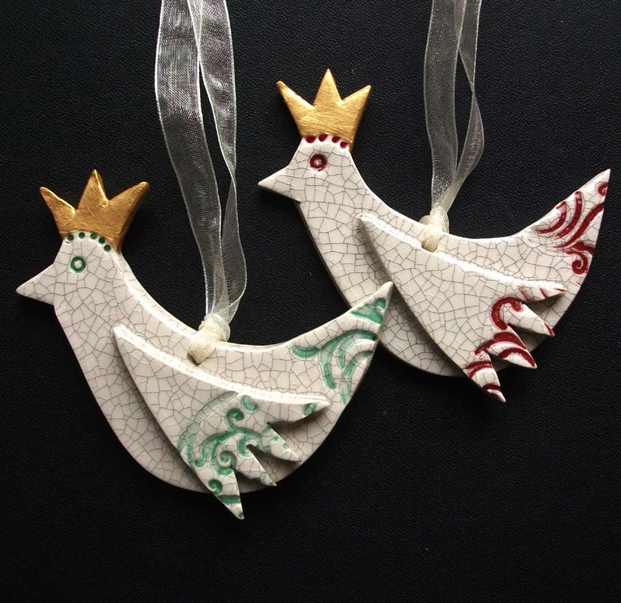 Set of two ceramic Christmas bird decorations