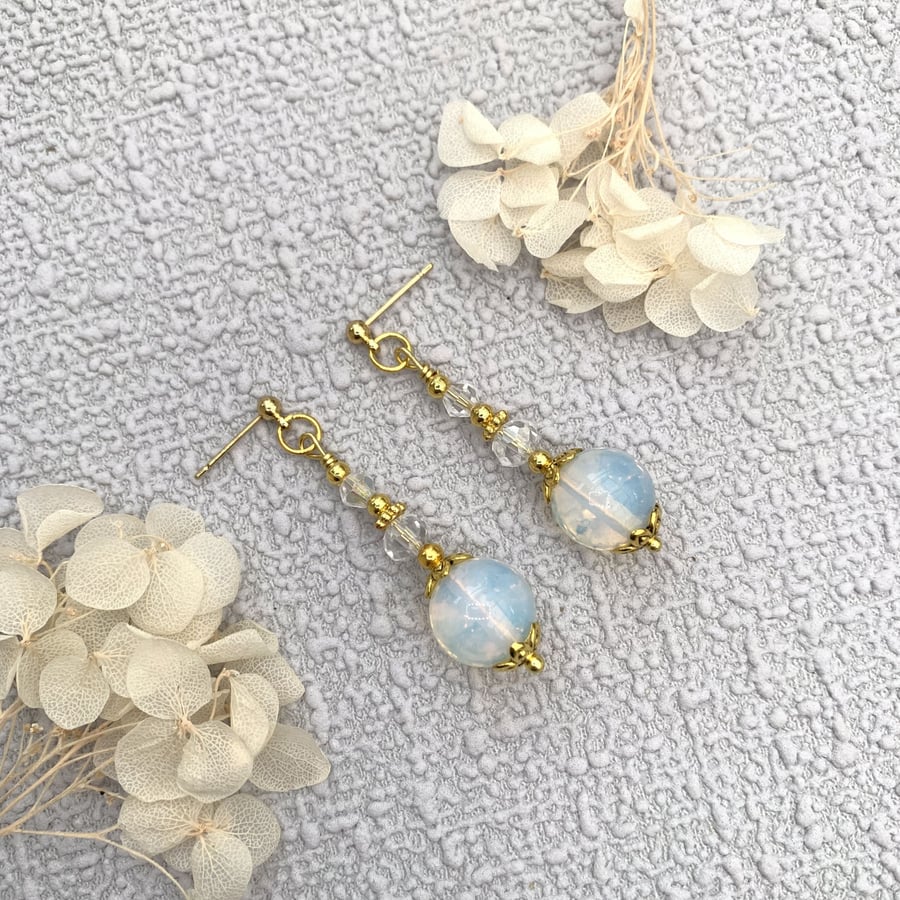 Opal Gemstone and Gold Vintage Style Drop Earrings