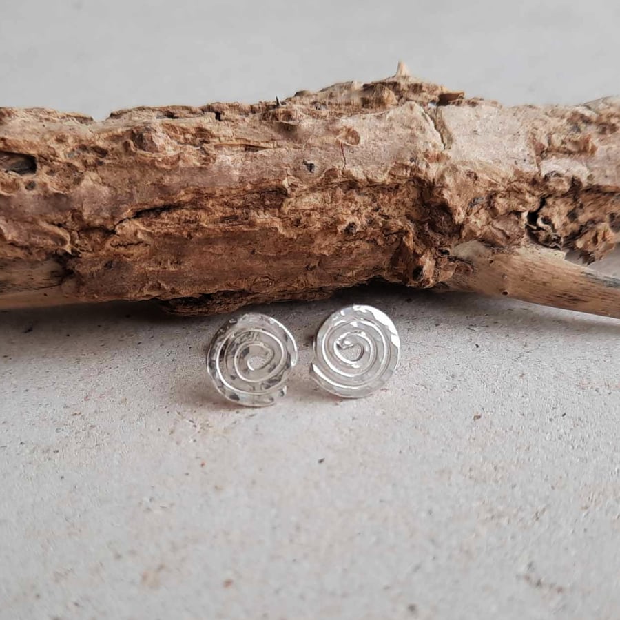 Hammered Sterling Silver Spiral Stud Earrings - Recycled Silver