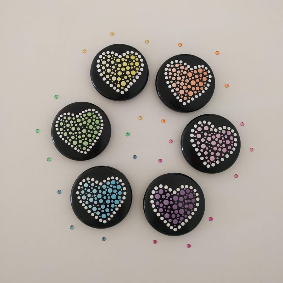 Set of six colourful heart wooden tokens