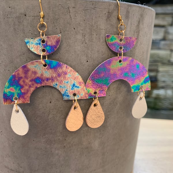 Leather rainbow drop earrings. Handmade quirky dangly earrings 