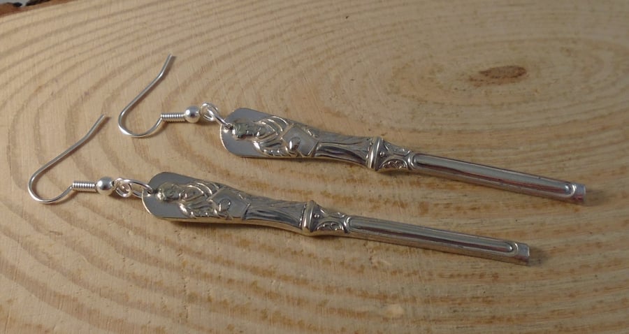 Upcycled Silver Plated Apostle Sugar Tong Handle Drop Earrings SPE071912