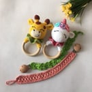 ANIMAL CROCHET HANDMADE RATTLE with PACIFIER CLIP.