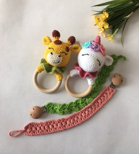 ANIMAL CROCHET HANDMADE RATTLE with PACIFIER CLIP.