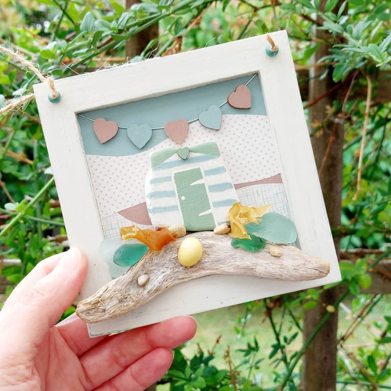 Pottery Beach Hut and Driftwood Coastal Scene Picture, Rustic, Seaside Decor