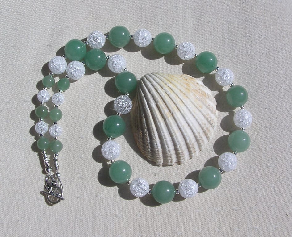 Green Aventurine & Clear Quartz Gemstone Chakra Necklace "Pine Sparkle"