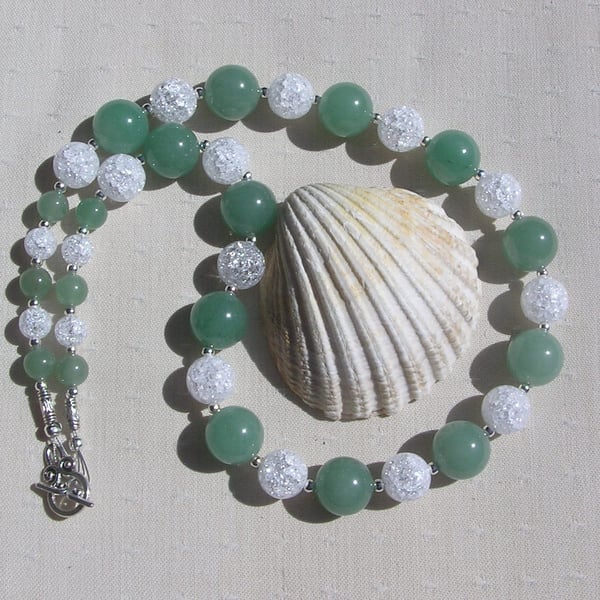Green Aventurine & Clear Quartz Gemstone Chakra Necklace "Pine Sparkle"