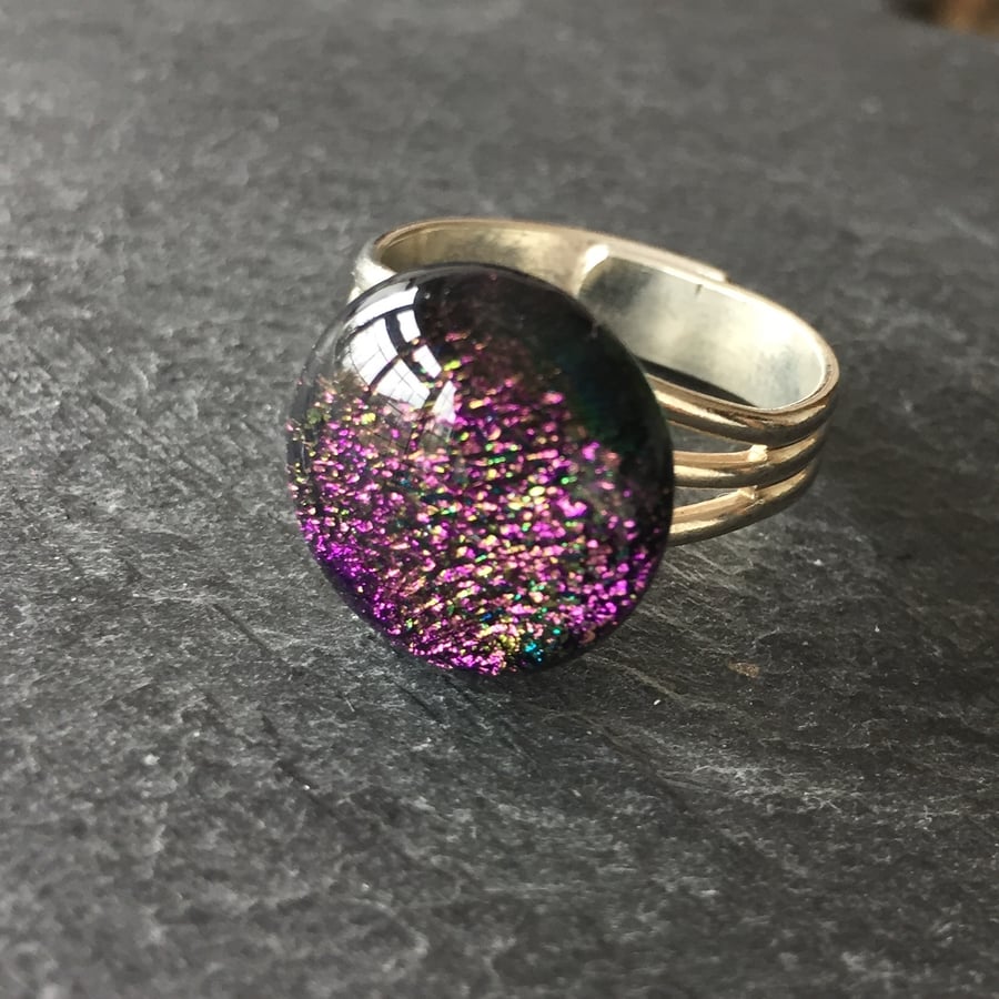 Purple sparkly ring, dichroic fused glass - adjustable