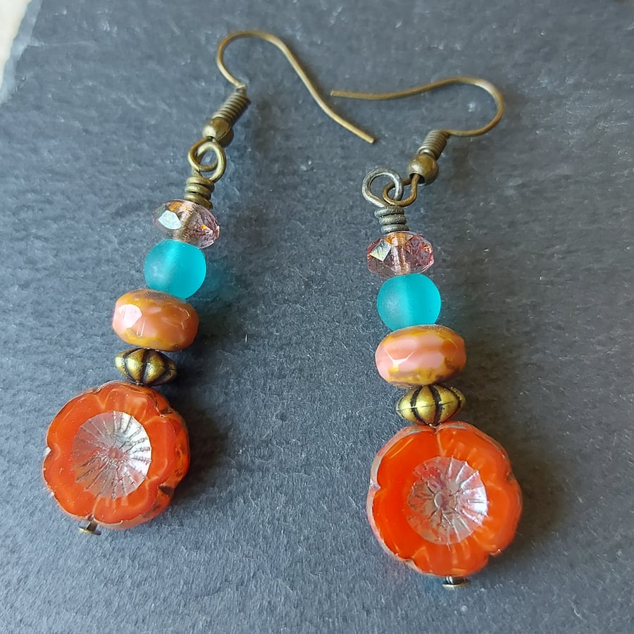 Dangle Earrings - Coral and Turquoise Beads