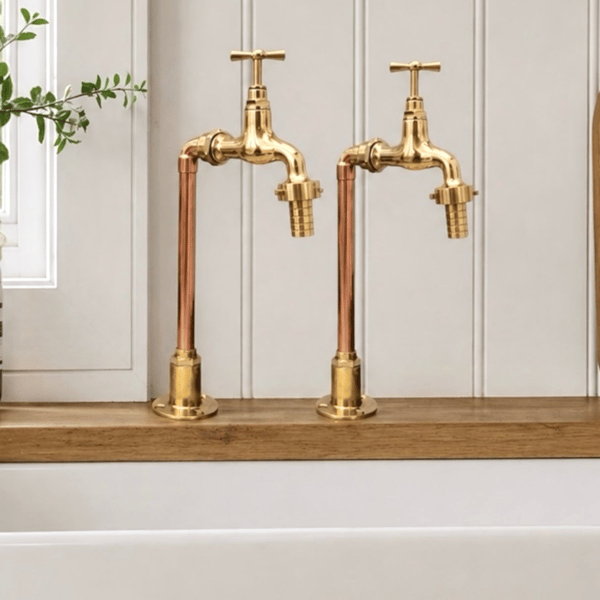 Pair of Brass & Copper Taps - Handmade Vintage Style Polished