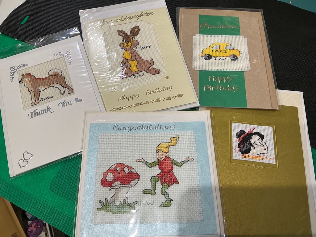 Set of 5 beautiful cross-stitch cards with different sentiments.
